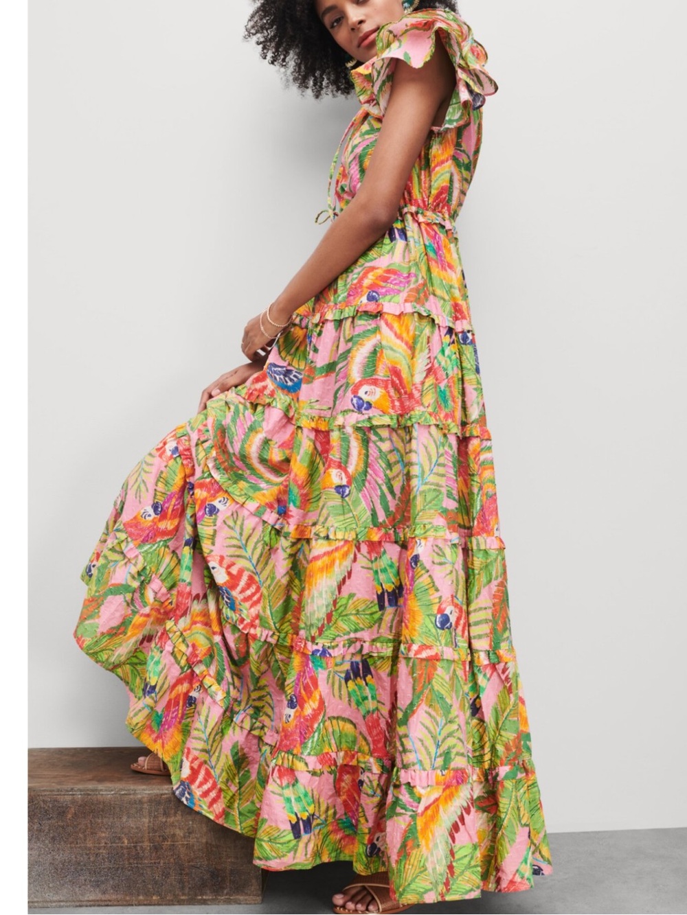 FARM Rio Macaw Leaves Tropical Tiered Maxi Dress